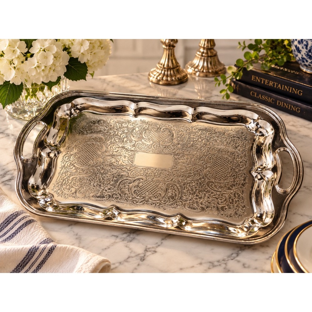 Vintage JCPenney Silverplate Serving Tray 18x12 Ornate Engraved Floral USA